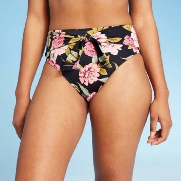 Shade & Shore Other - Shade & Shore Floral Tie Black Bikini Bottoms